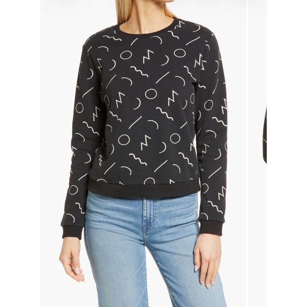 Marine Layer Anytime Sweatshirt Womens M Black Noodle Geometric Print Fleece